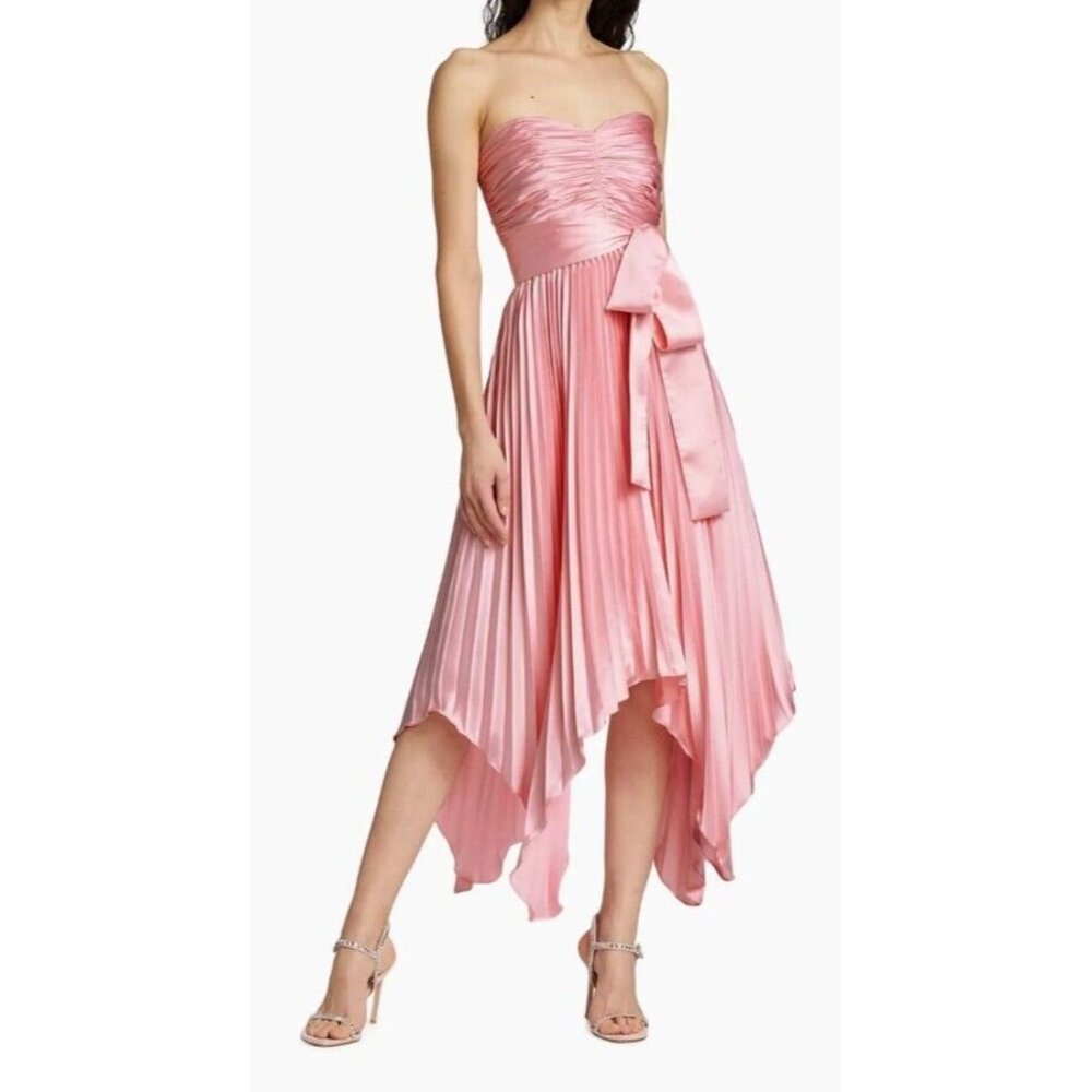 Amur Dress Womens 10 Pink Khloe Strapless Charmeuse Midi Ruched Handkerchief Hem